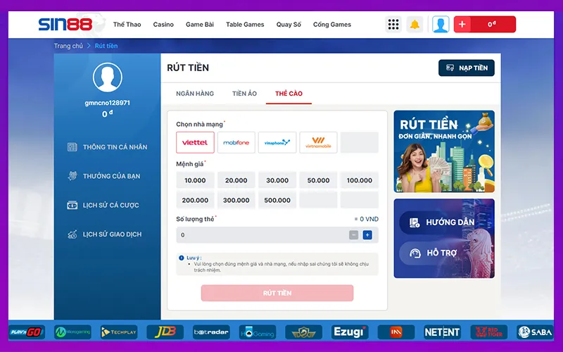Giao diện rút tiền nhanh tại SIN88 với OTP bảo mật